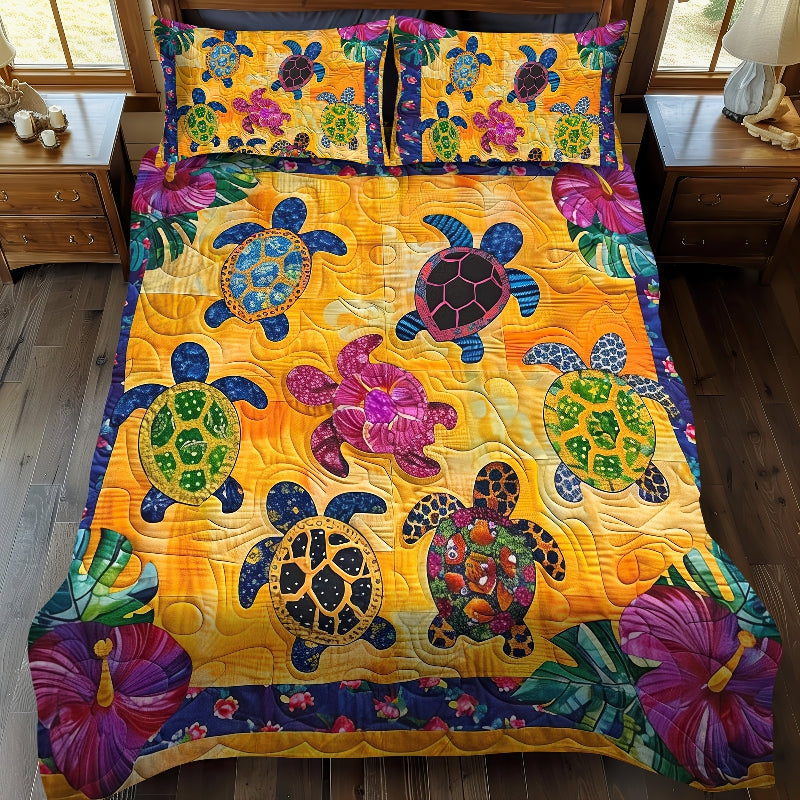 Hibiscus Turtle 3-Piece Quilted Bedding Set