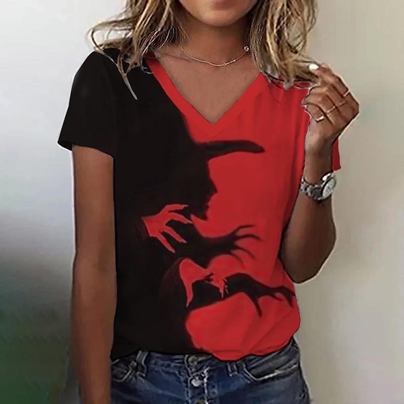 Women's Halloween Witch Shadow Print Casual V-Neck Tee