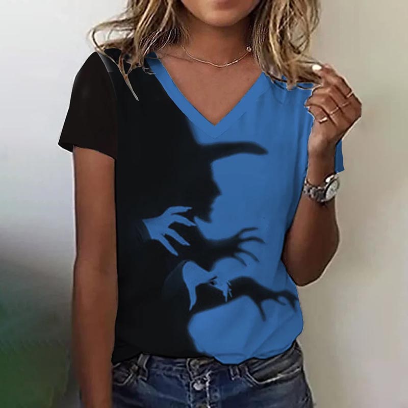 Women's Halloween Witch Shadow Print Casual V-Neck Tee