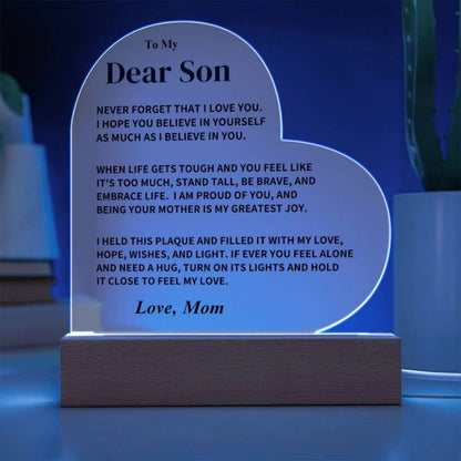 To My Son - From Mom - Never Forget That I Love You - LED Heart Acrylic Plaque