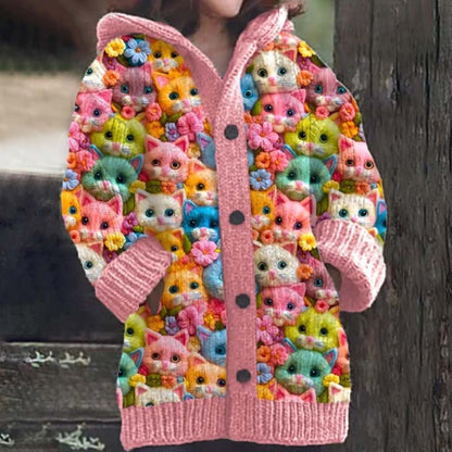 Colorful Cats Pattern Cozy Hooded Cardigan