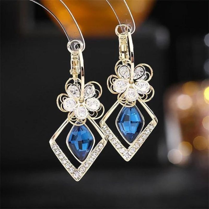 Flower Zircon Rhombic Sapphire Drop Earrings