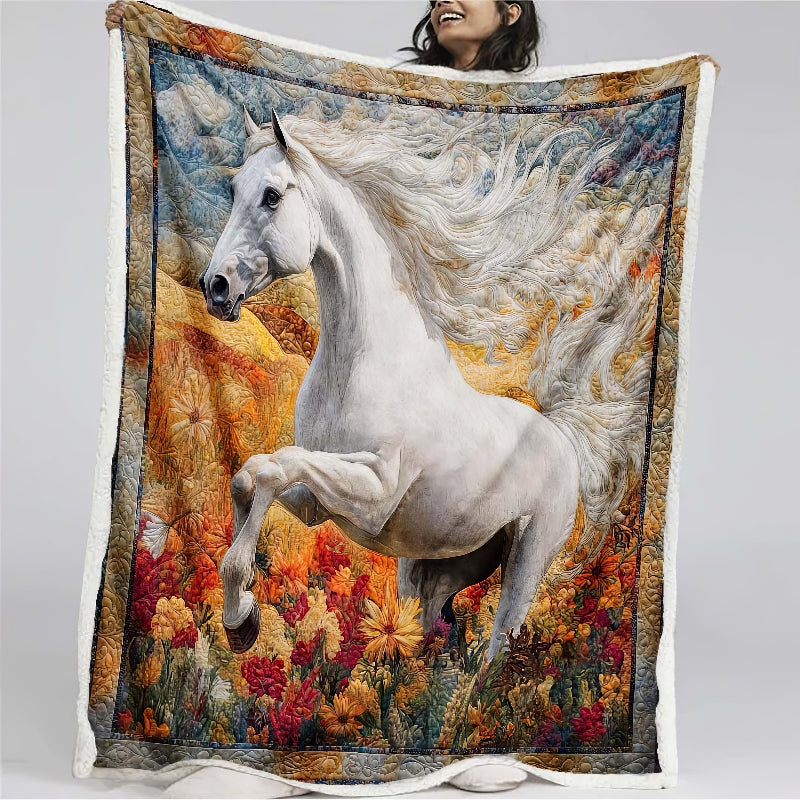 Blossom Fields White Horse Blanket - H253 - Premium Blanket