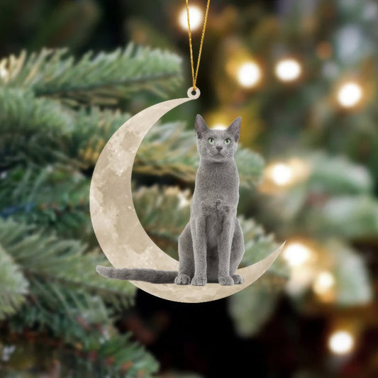 Russian Blue Cat Sits On The Moon Hanging Ornament Cs006