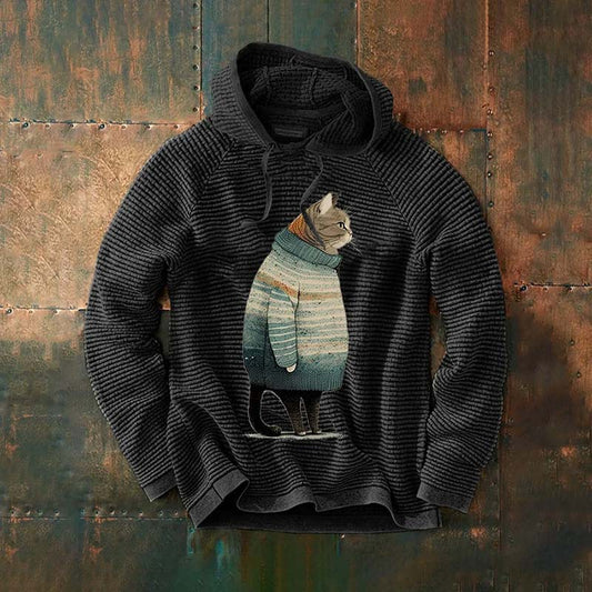 Men's Winter Cat Print Waffle Hooded Sweatshirt