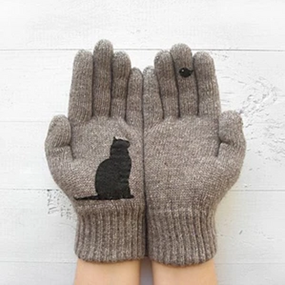 Outdoor Thermal Cat & Bird Print Gloves