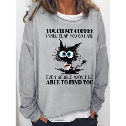 Womens Funny Coffee Letter Black Cat Casual Sweatshirts