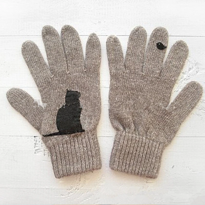 Outdoor Thermal Cat & Bird Print Gloves