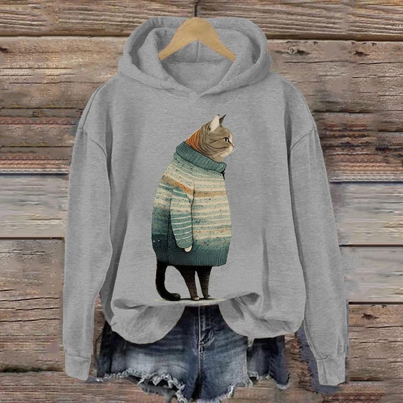 Women's Winter Cat Print Casual Hooded Sweatshirt