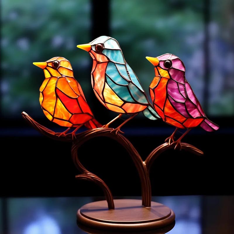 Stained Birds on Branch Desktop Ornaments