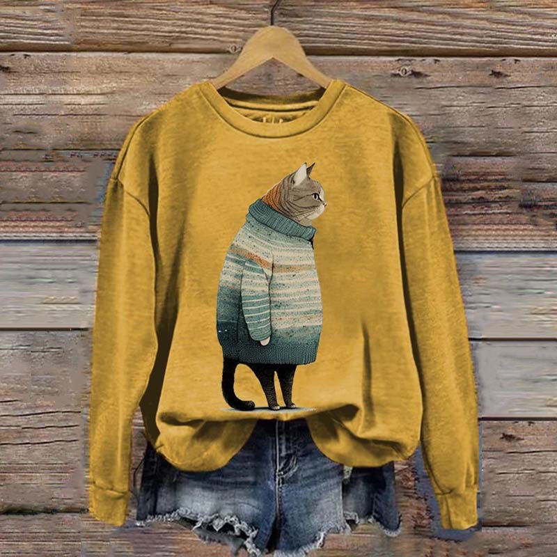 Women's Winter Cat Print Crew Neck Sweatshirt