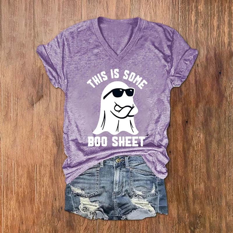 Women's Halloween This Is Some Boo Sheet Print V-Neck T-Shirt