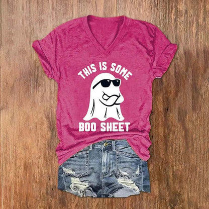 Women's Halloween This Is Some Boo Sheet Print V-Neck T-Shirt