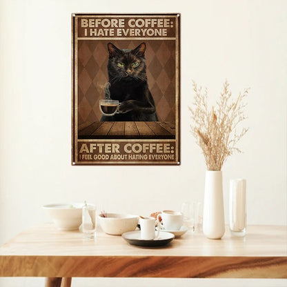 Funny Cat Coffee Metal Sign, Vintage Kitchen Signs, Wall Decor, Home Bar Cafe Decorations