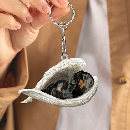 Sleeping Angel Acrylic Keychain Black and Tan Dachshund SA006