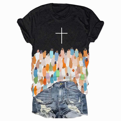 Women's Faith Respect Jesus Cross Print Crew Neck T-Shirt