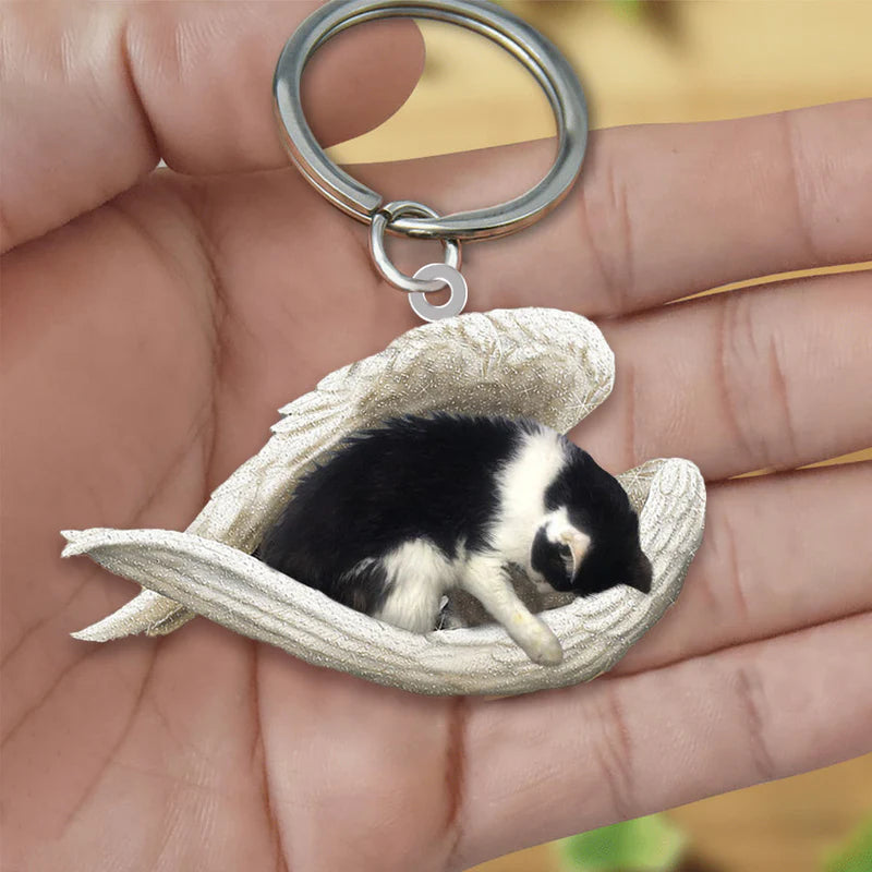 Sleeping Angel Acrylic Keychain Black and White Cat SA118