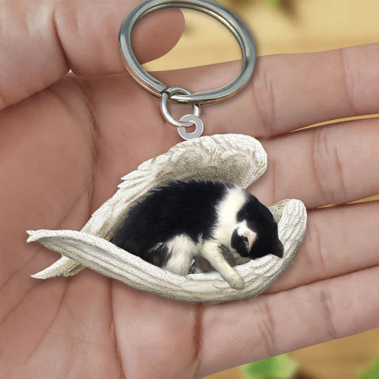 Sleeping Angel Acrylic Keychain Black and White Cat SA118