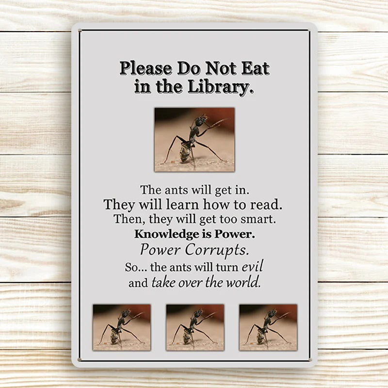 Metal Sign Wall Art Decoration - Knowledge Is Power - Please Do Not Eat In Library - Vintage Retro Sign For Home Decor