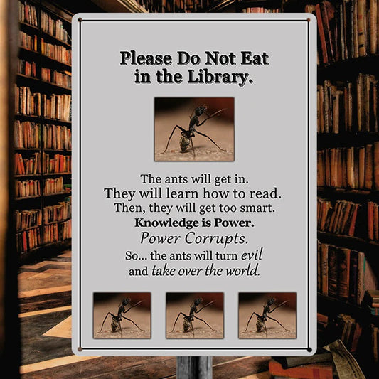 Metal Sign Wall Art Decoration - Knowledge Is Power - Please Do Not Eat In Library - Vintage Retro Sign For Home Decor