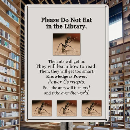 Metal Sign Wall Art Decoration - Knowledge Is Power - Please Do Not Eat In Library - Vintage Retro Sign For Home Decor