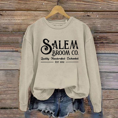 Women's Salem Broom Co Quality Handcrafted Enchanted Est 1692 Printed Round Neck Long Sleeve Sweatshirt