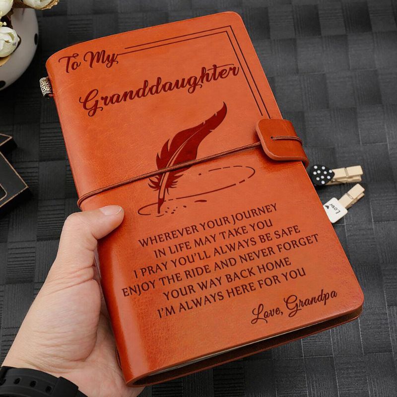 Grandpa To Granddaughter - Enjoy The Ride - Engraved Leather Journal Notebook