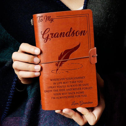 Grandma To Grandson - Enjoy The Ride - Engraved Leather Journal Notebook