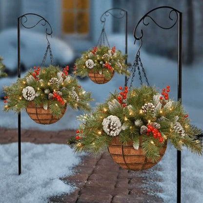 🎄Pre-lit Artificial Christmas Hanging Basket - Flocked with Mixed Decorations and White LED Lights - Frosted Berry