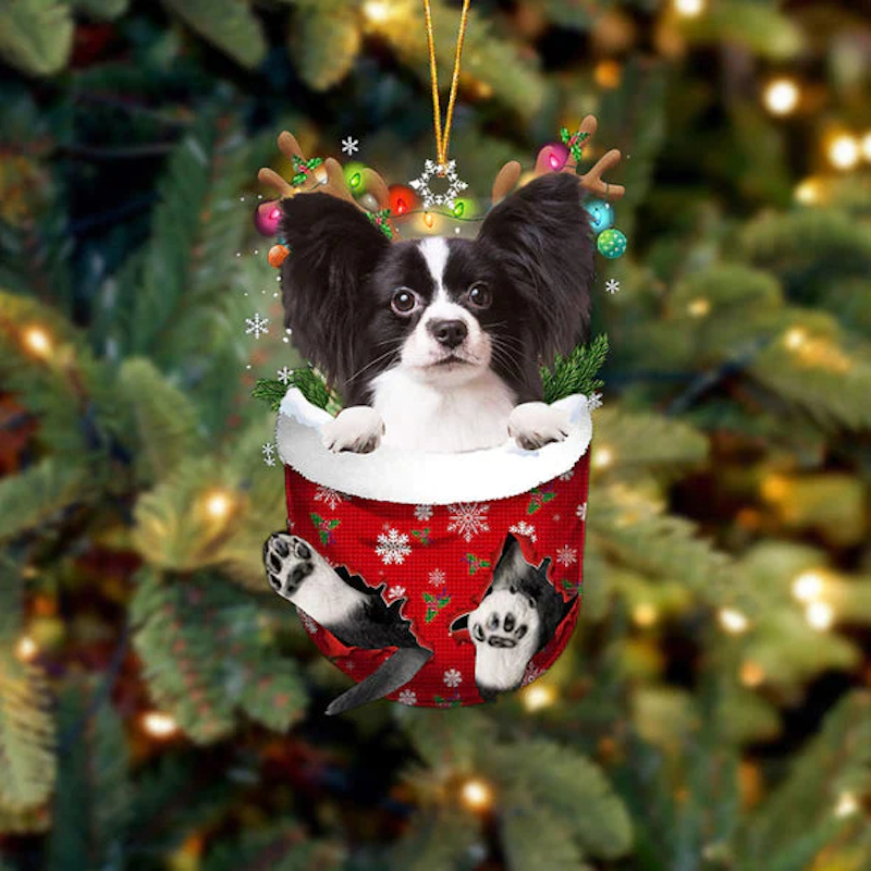 Papillon In Snow Pocket Christmas Ornament SP095