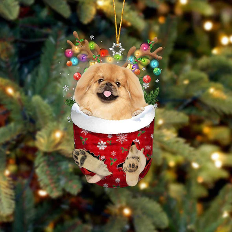 Pekingese In Snow Pocket Christmas Ornament SP101