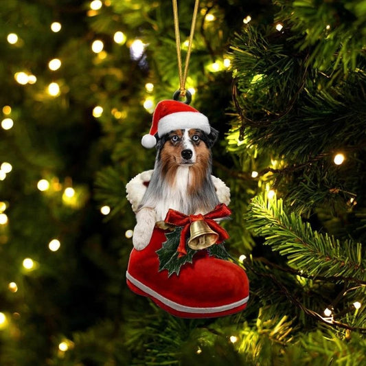 Australian Shepherd In Santa Boot Christmas Hanging Ornament SB197