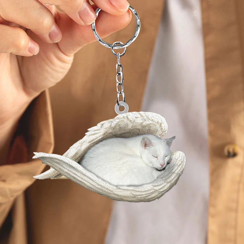 Sleeping Angel Acrylic Keychain White Cat SA119